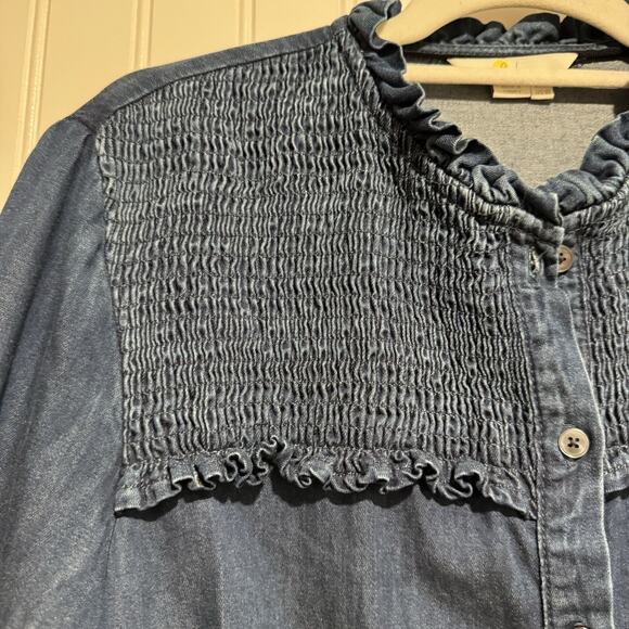 Boden Denim Smocked High Neck Blouse Size 10 - Picture 4 of 7